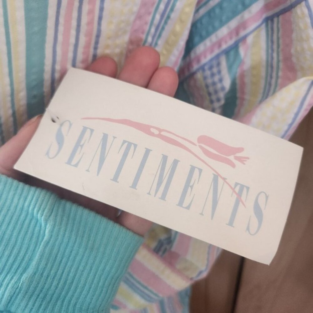 Deadstock Sentiments Pastel Striped Seersucker Cotton Robe Pink Blue Womens M - Picture 2 of 7